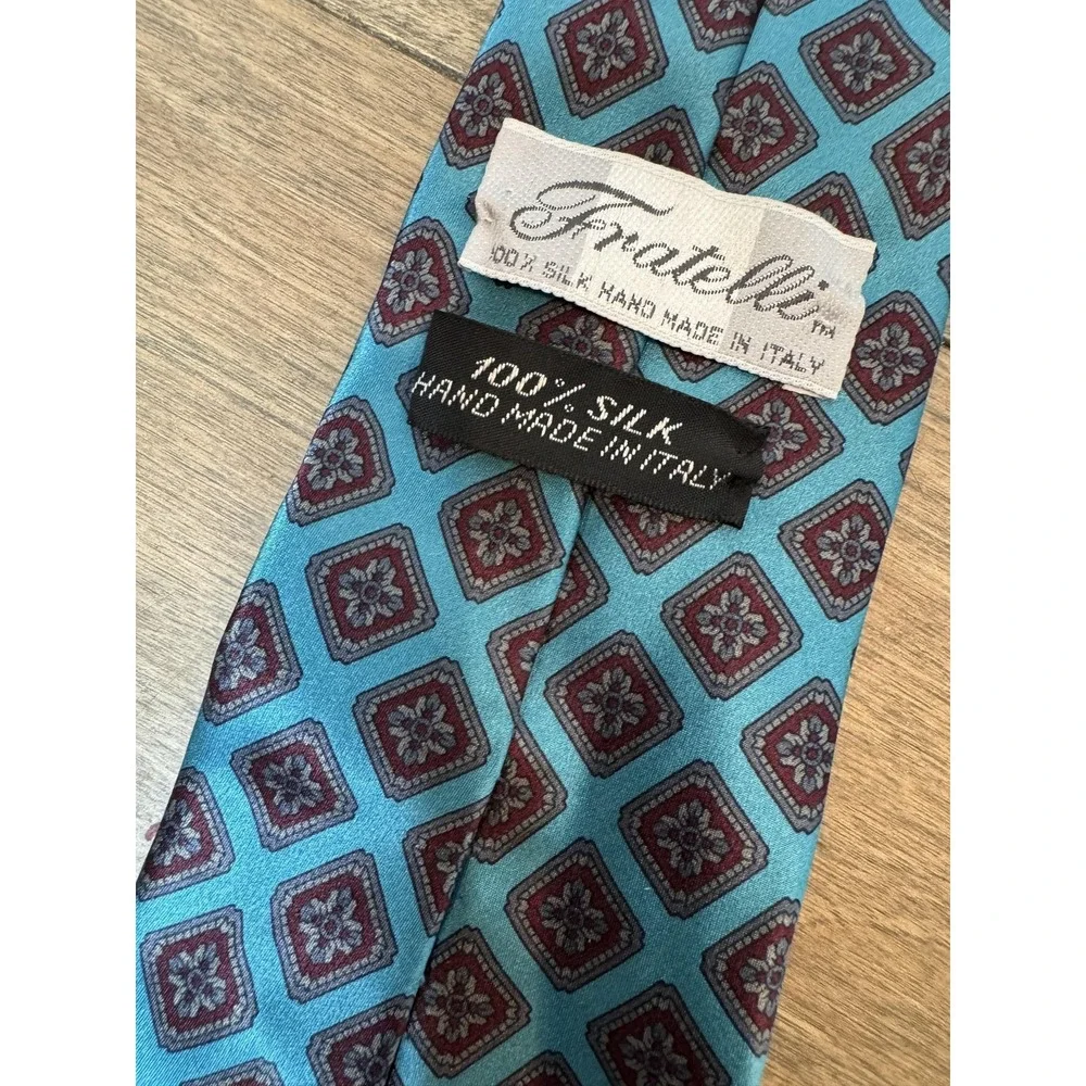 Fratelli Tie Mens One Size Teal Blue 100% Silk Hand Made‎ in Italy Geometric